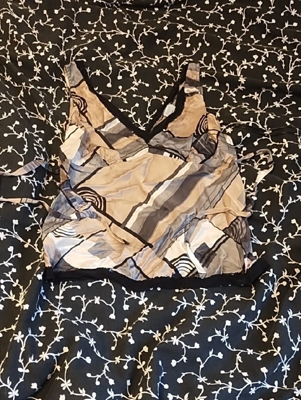 Oasis Beige, Black and Gray Abstract V-Neck Silk Camisole